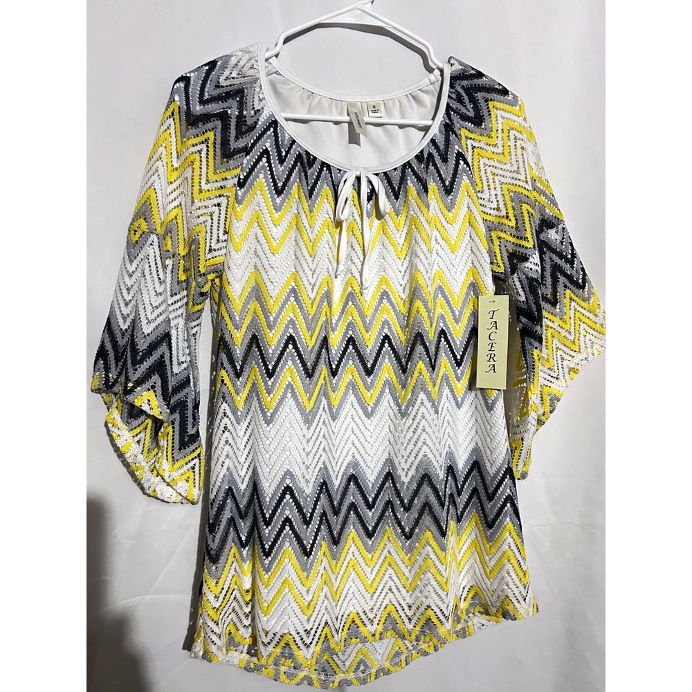 Tacera Chevron Lace Round Neck Pullover Blouse 3/4 Sleeve Women's S Multi